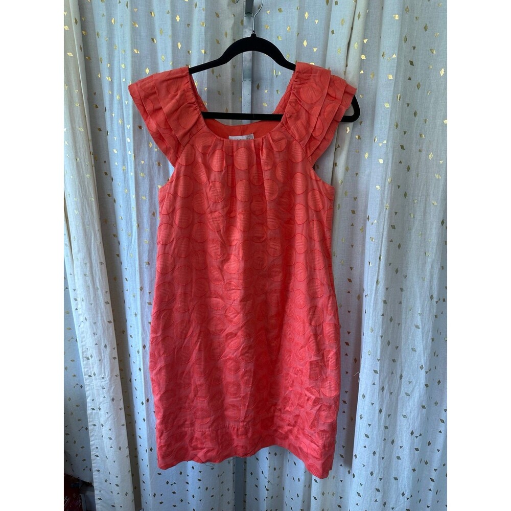 Dressbarn 100% Cotton Coral Circular Textured Ruffle Cap Sleeves Shift Dress 8